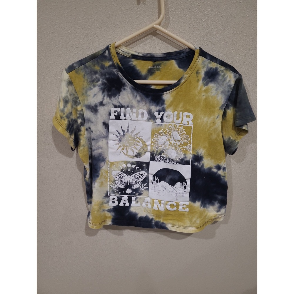 Sweet Lilac Find Your Balance Cropped tie dye black yellow tee Women‎ SZ L boho